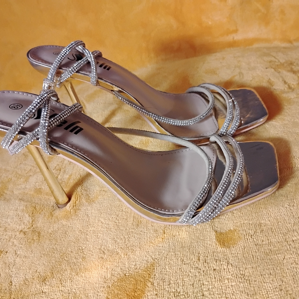 SHEIN Silver Strappy Heels with Gold Accents